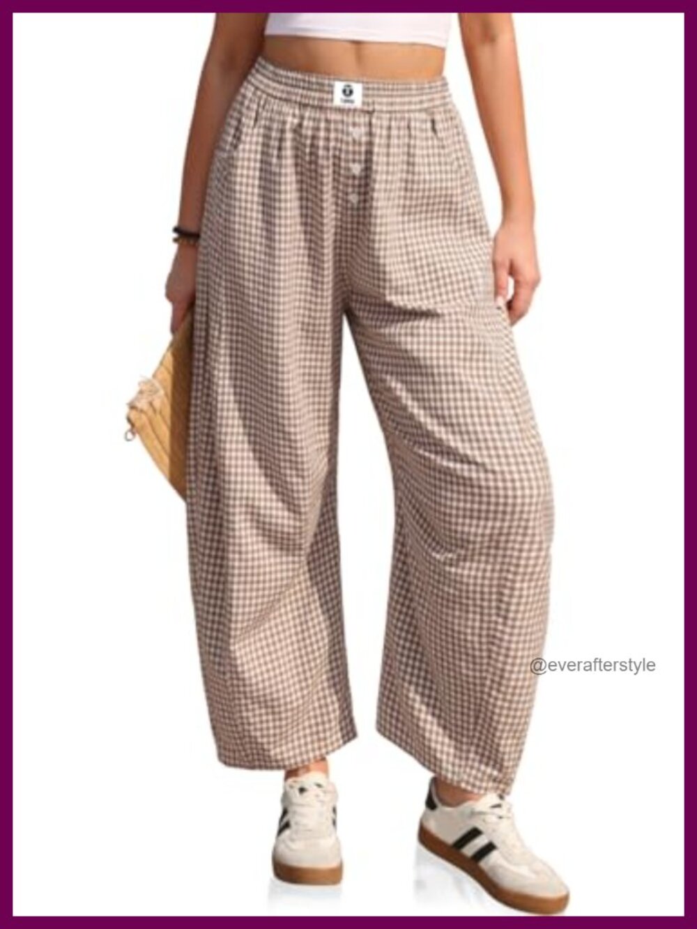 Womens Gingham Barrel Pants Wide Leg Linen Blend Trousers